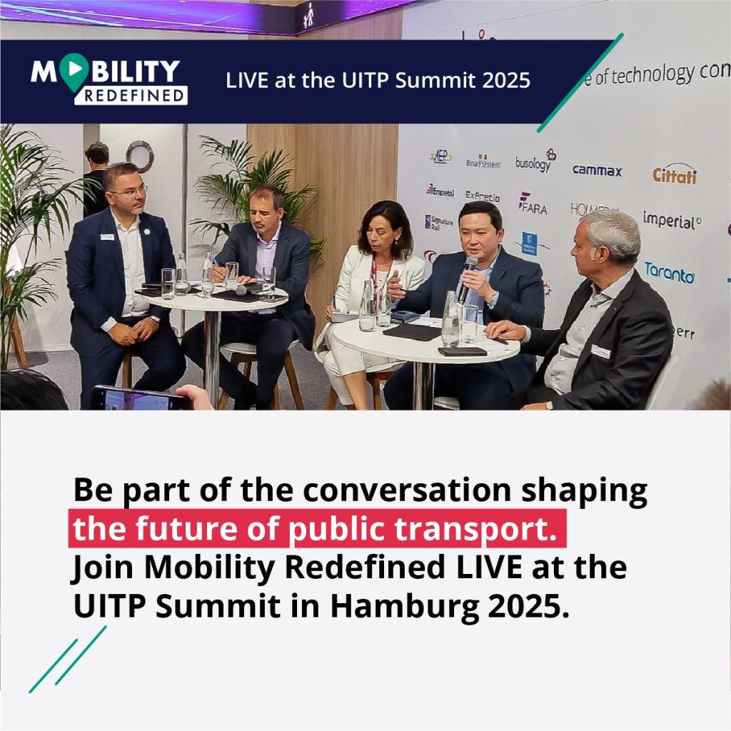Featured image showing a previous roundtable panel, the Mobility Redefined logo and text saying "Be part of the conversation shaping the future of public transport. Join Mobility Redefined LIVE at UITP."