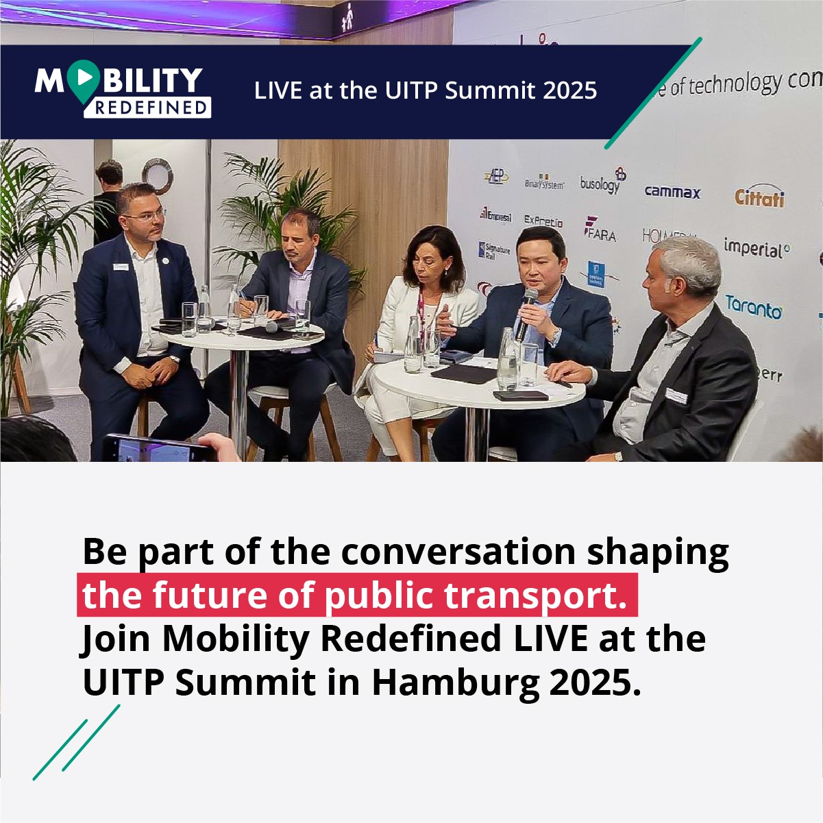Featured image showing a previous roundtable panel, the Mobility Redefined logo and text saying "Be part of the conversation shaping the future of public transport. Join Mobility Redefined LIVE at UITP."